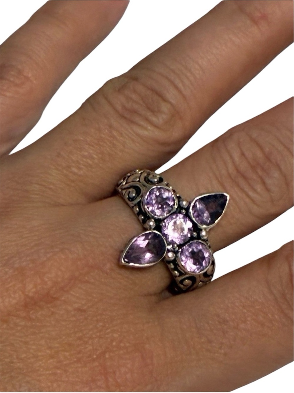 Vintage Sterling Silver 925 Purple Gemstone Floral Cluster Ring - Size 9